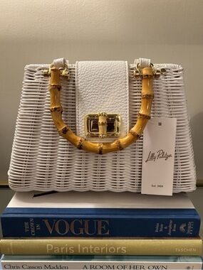 NEW Lilly Pulitzer Leena White Wicker bag with Bamboo Handles & crossbody strap.